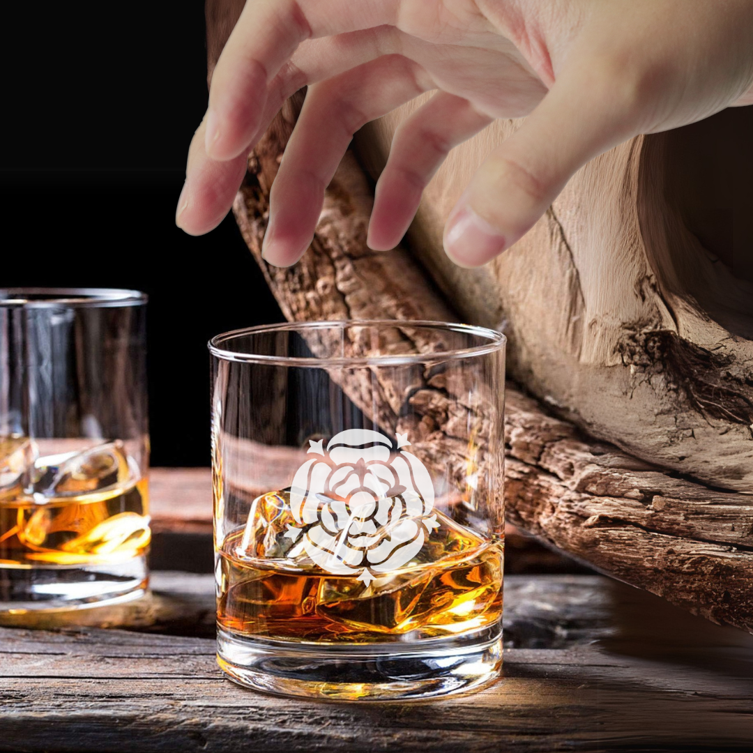 Custom Engraved Tudor Rose Whiskey Glass – 7 oz Rocks Glass