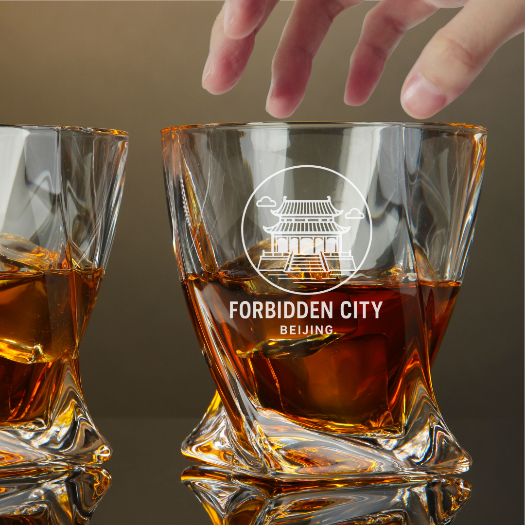Custom Engraved Forbidden City Beijing China Whiskey Glass – 10 oz Twisted Rocks