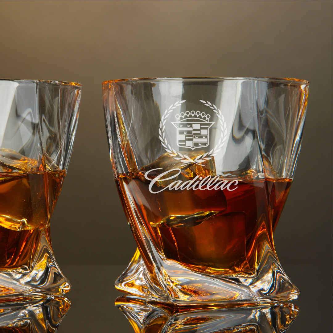 Custom Engraved Cadillac Whiskey Glass – 10 oz Twisted Rocks Glass