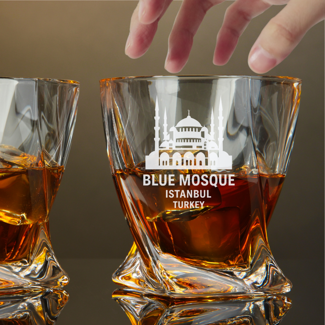 Custom Engraved Blue Mosque Istanbul Turkey Whiskey Glass – 10 oz Twisted Rocks