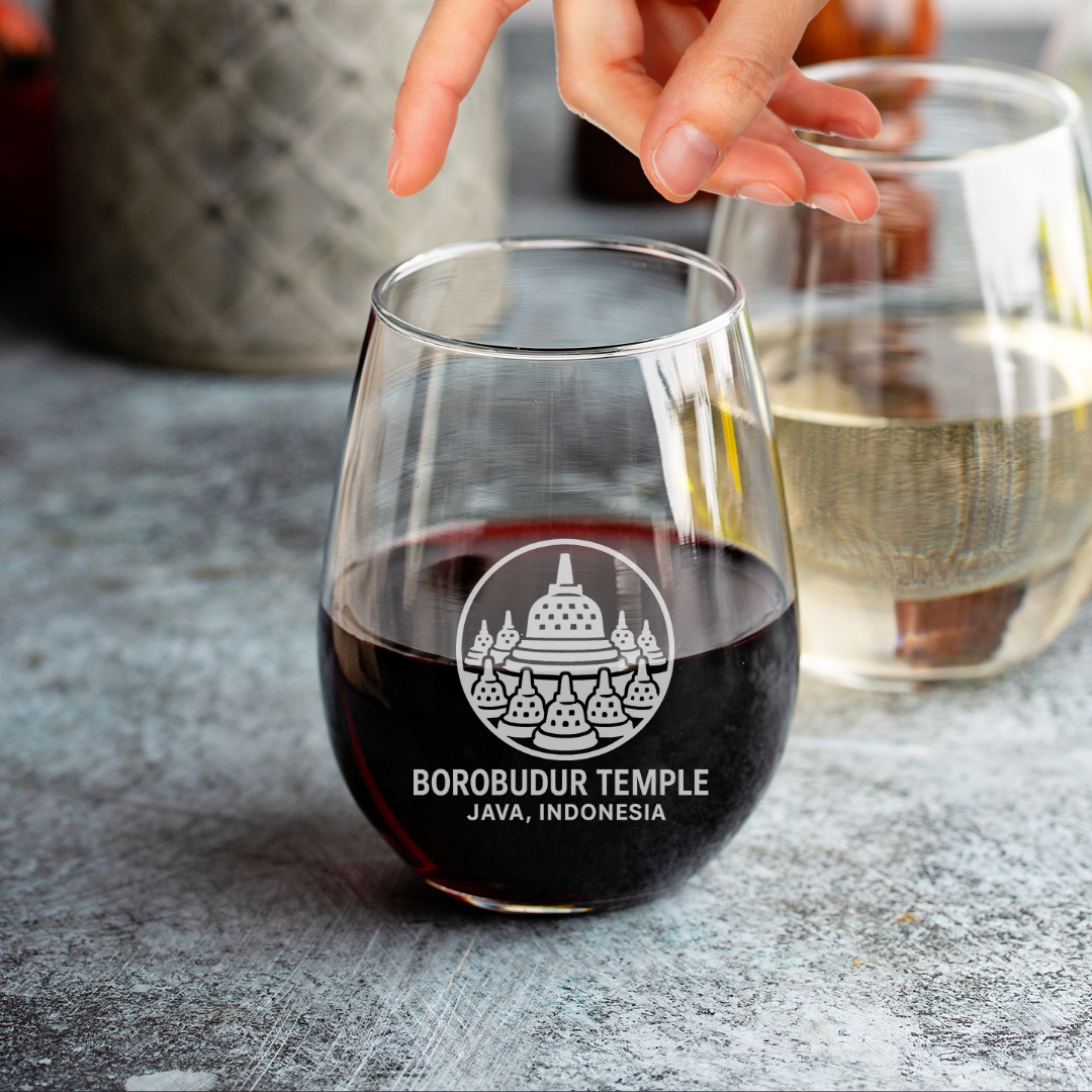 Custom Engraved Borobudur Temple Wine Glass – 15 oz Stemless Glass