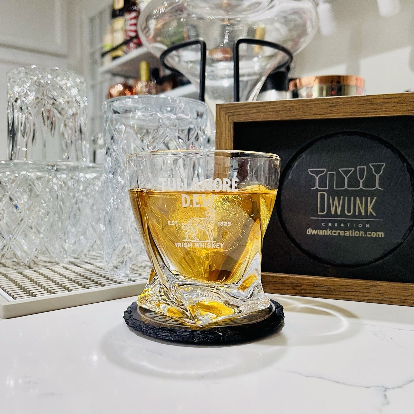 Custom Engraved Tullamore D.E.W. Irish Whiskey Glass – 10 oz Twisted Rocks Glass