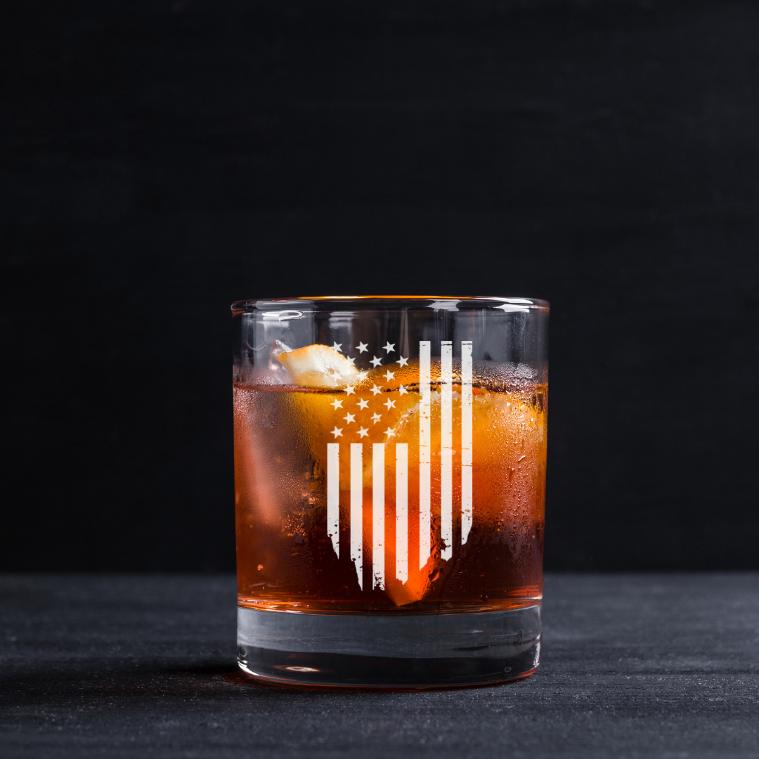 Independence Day Vertical Flag Whiskey Glass 11 oz Engraved Standard Rocks Glass