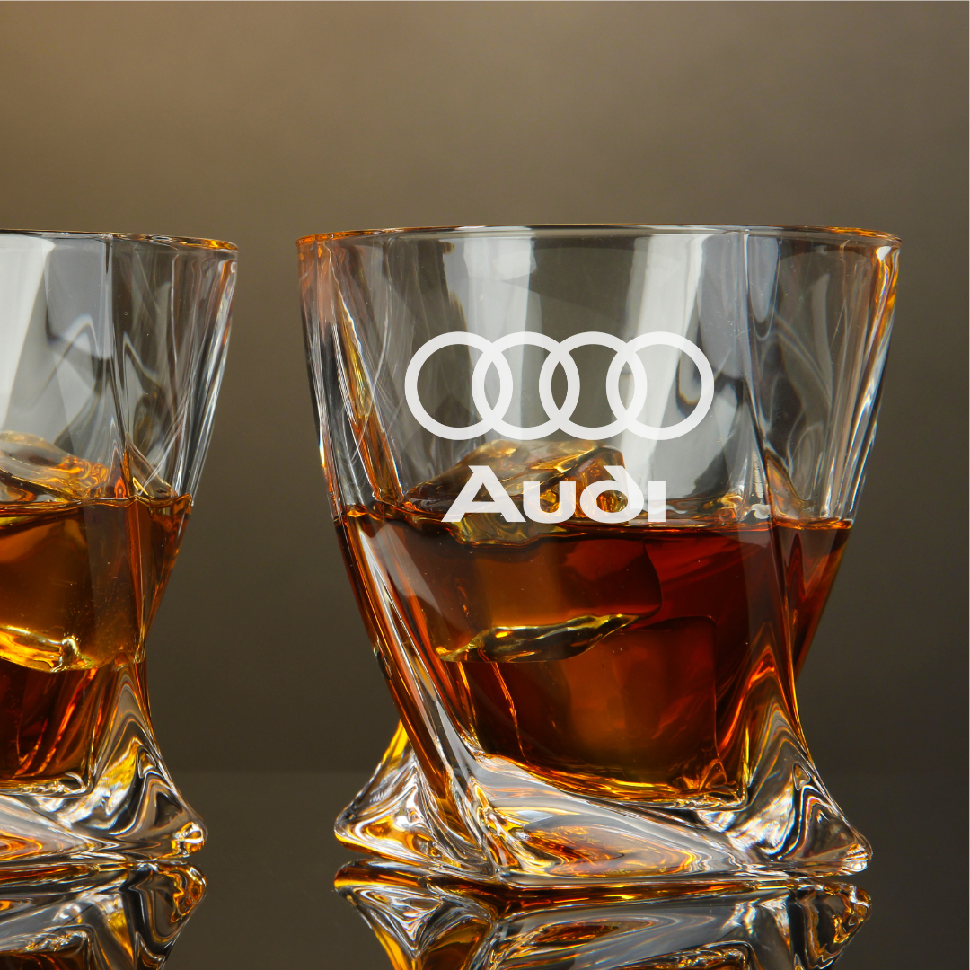 Custom Engraved Audi Whiskey Glass – 10 oz Twisted Rocks Glass