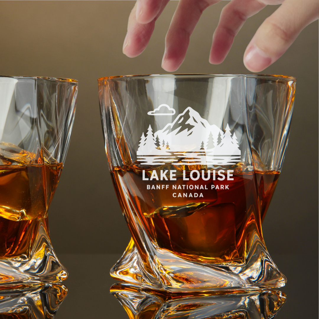 Custom Engraved Lake Louise Banff National Park Whiskey Glass – 10 oz Twisted