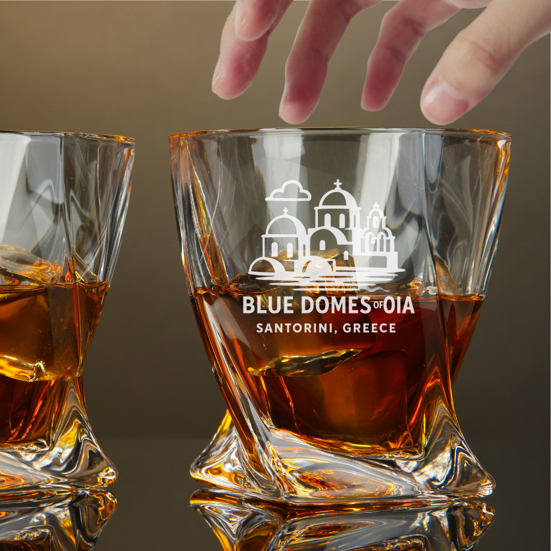 Custom Engraved Blue Domes of Oia Santorini Whiskey Glass – 10 oz Twisted Rocks