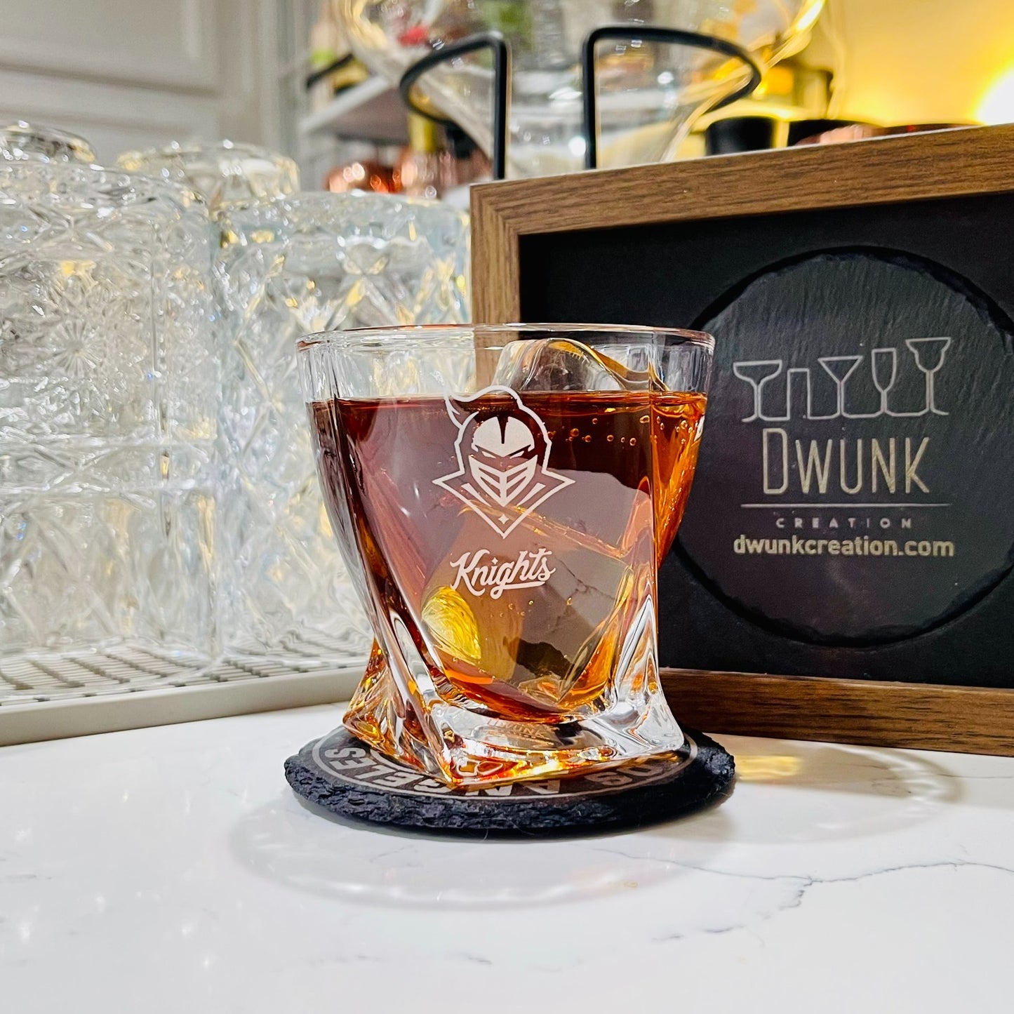 Custom Engraved UCF Knights Whiskey Glass – 10 oz Twisted Rocks Glass