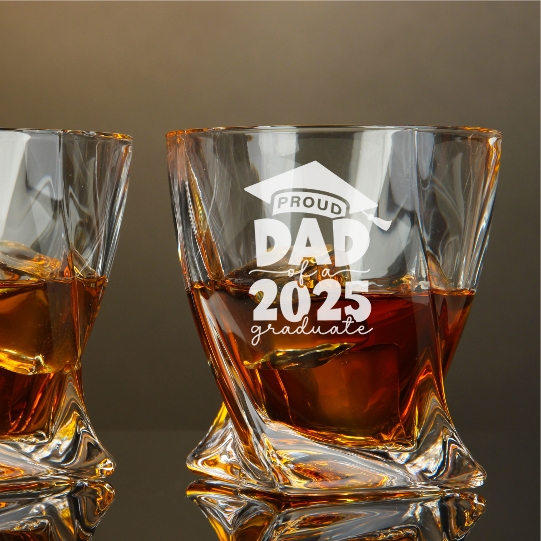 Custom Engraved Proud Dad of a 2025 Graduate Whiskey Glass – 10 oz Twisted Rocks