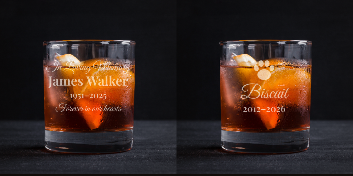 Pair of engraved 11oz memorial rocks glasses