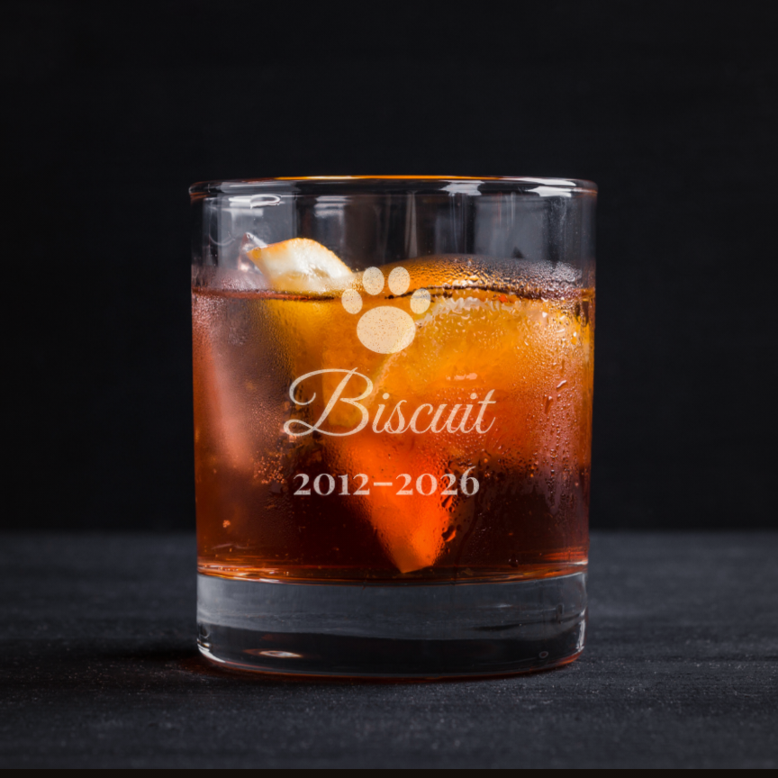 Engraved 11oz rocks glass pet memorial keepsake with paw print