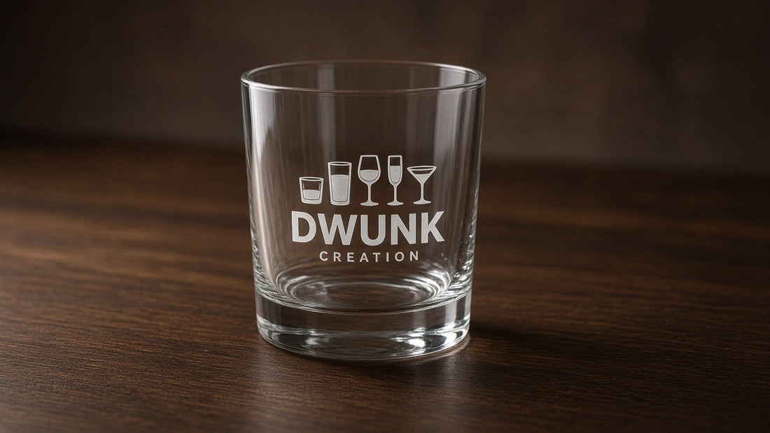 Empty clear rocks glass with a laser-engraved Dwunk Creation logo on the face, dark walnut wood tabletop, soft side light.