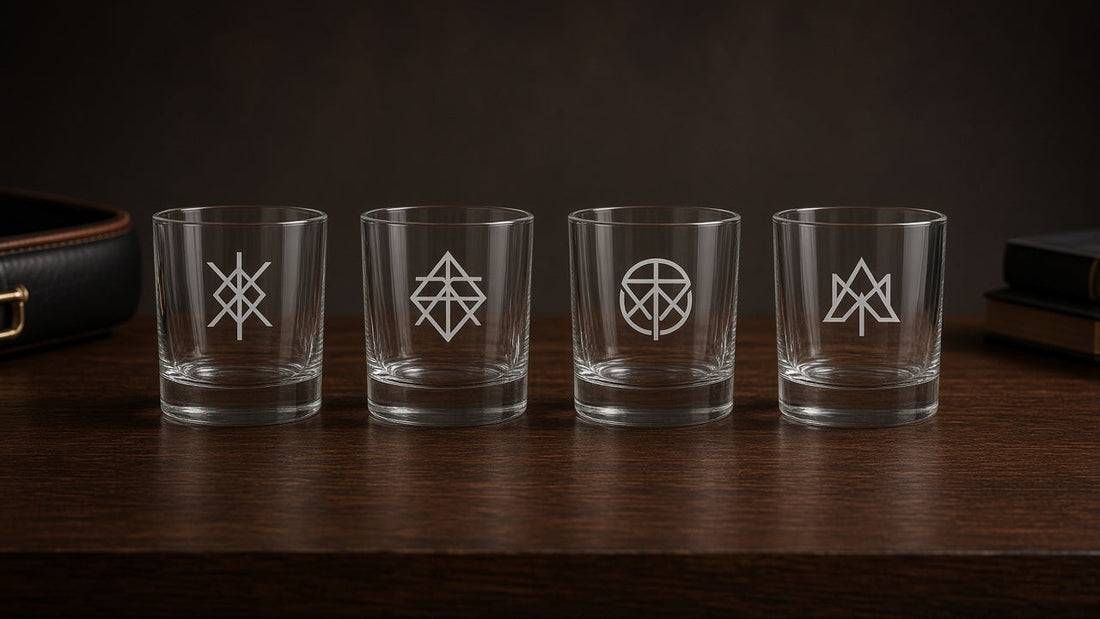 Four matching empty rocks glasses with laser-engraved geometric monograms in a row on dark walnut wood.