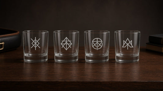 Four matching empty rocks glasses with laser-engraved geometric monograms in a row on dark walnut wood.