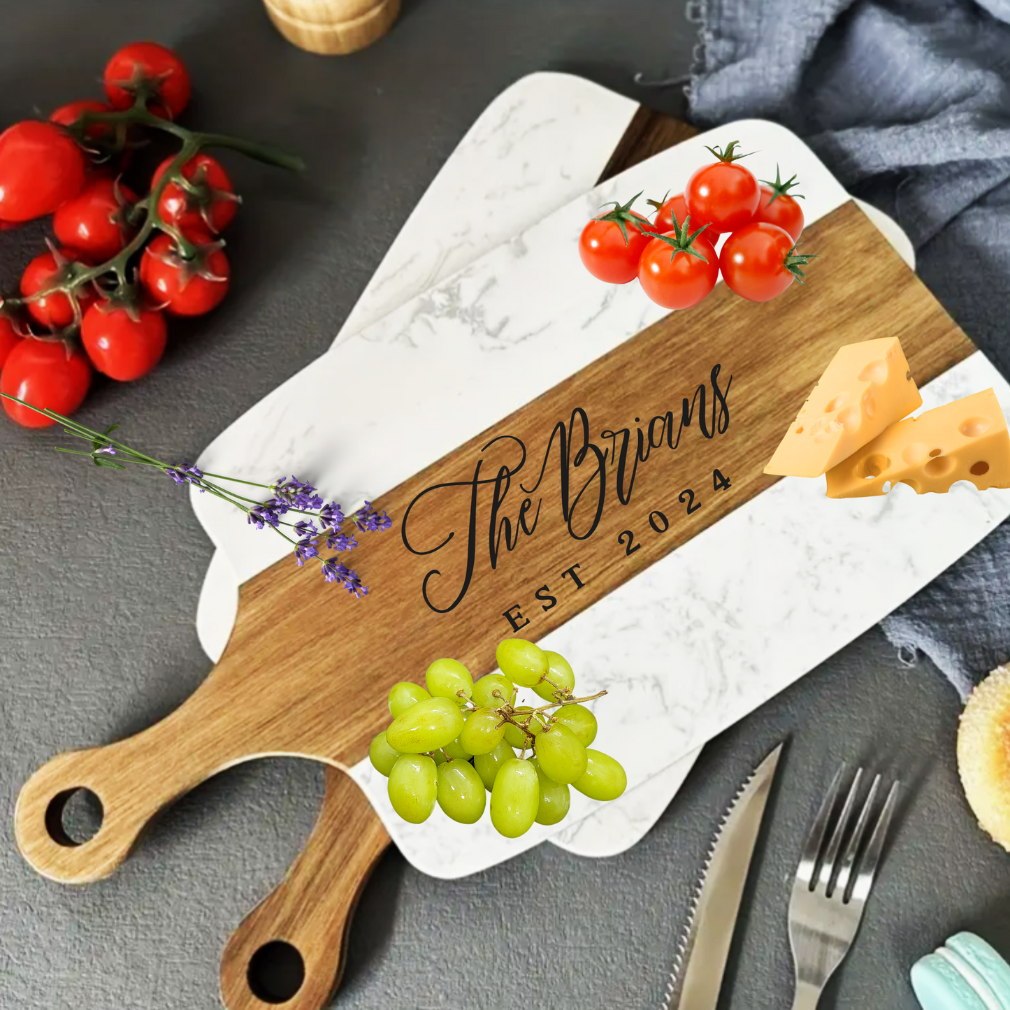 Personalized Initial Engraved Marble And Wood Charcuterie Board