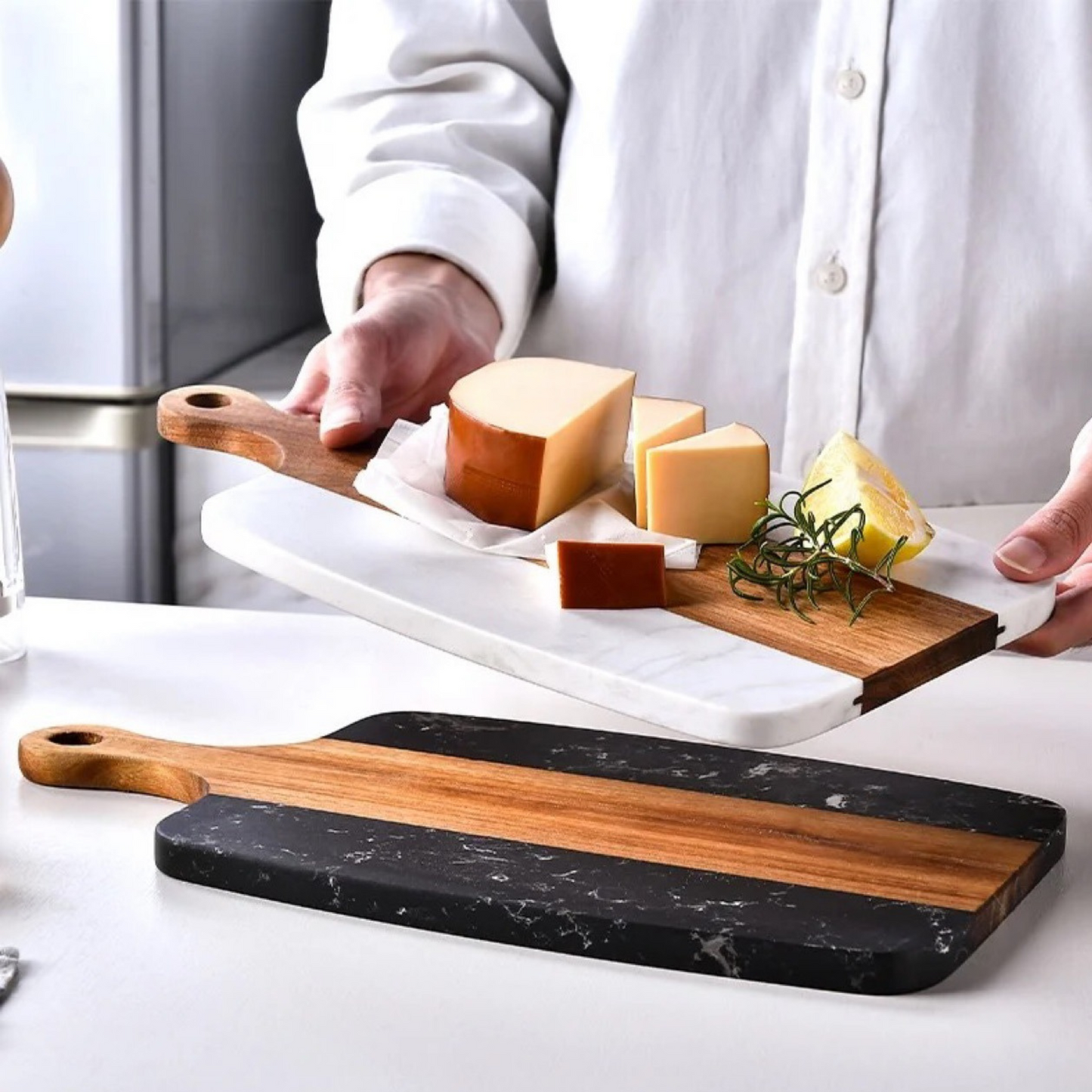 Personalized Initial Engraved Marble And Wood Charcuterie Board