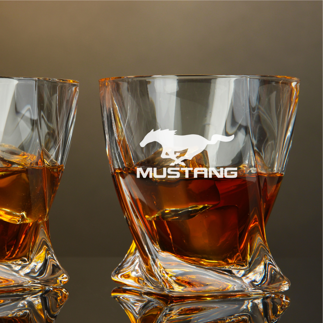 Custom Engraved Classic Mustang Whiskey Glass – 10 oz Twisted Rocks Glass