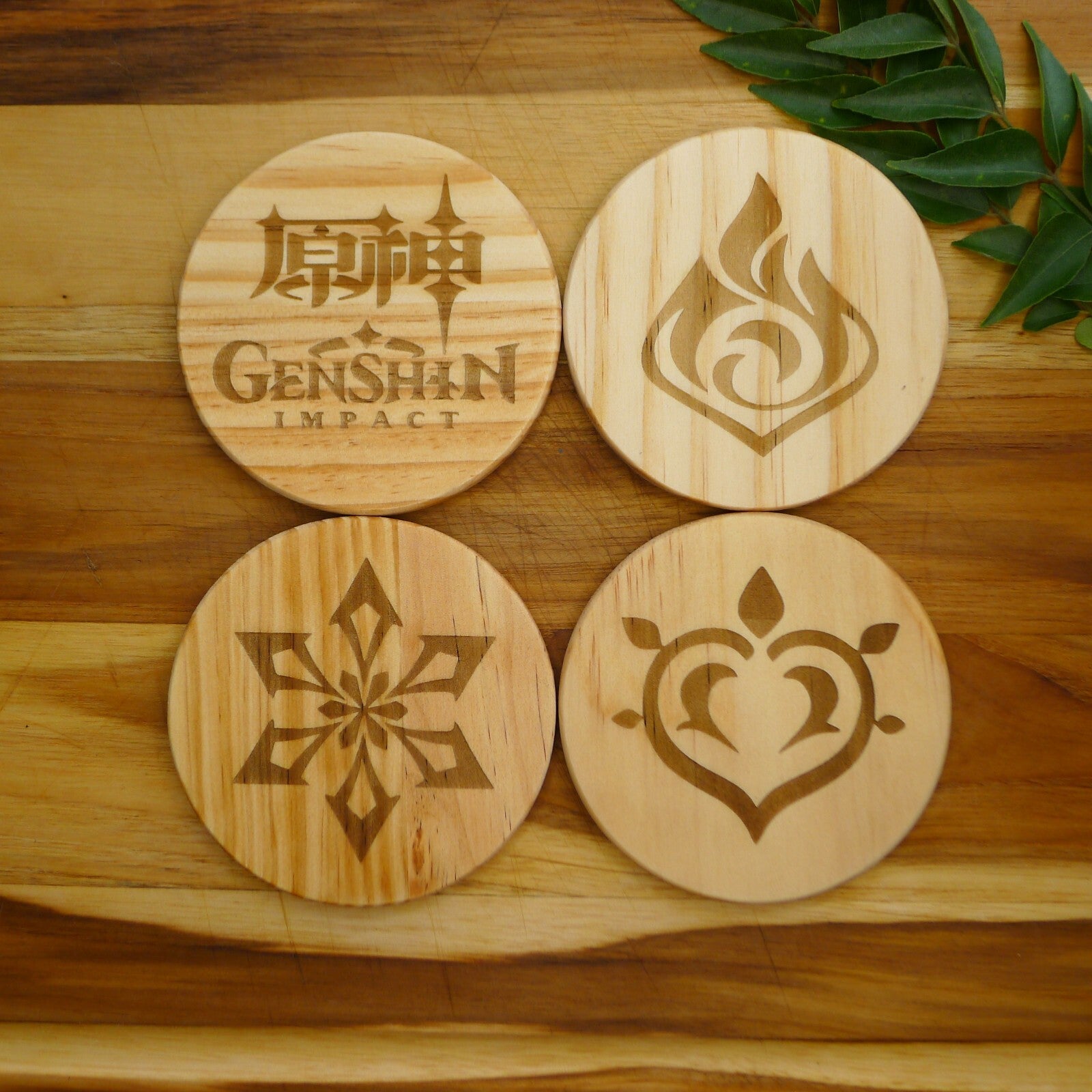 Genshin Impact Archon Wooden Coaster Set Elemental Inspired Gaming Gear