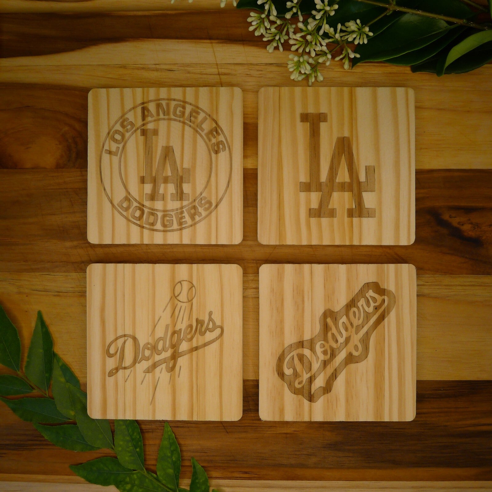 Los Angeles LA Dodgers Coaster Set MLB Brand New Laser Engraved Wood Hand Made 