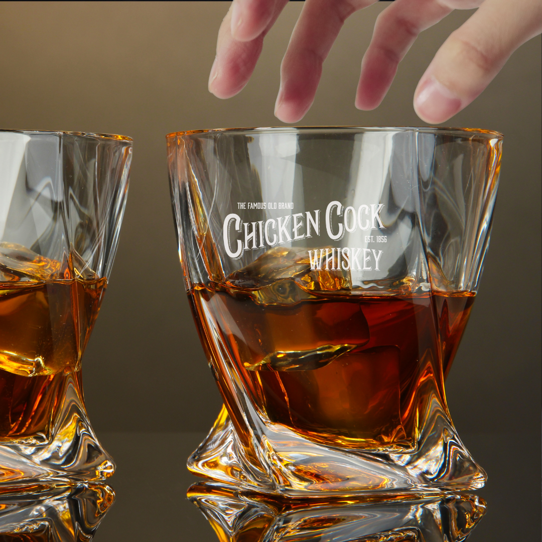 Custom Engraved Chicken Cock Twisted Whiskey Glass – 10 oz Rocks Glass