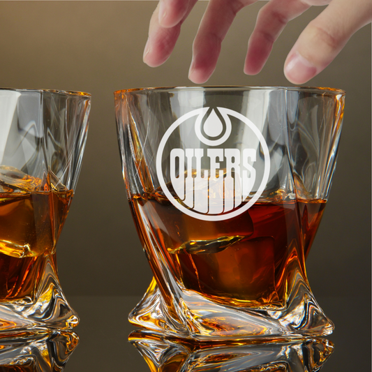 Custom Engraved Edmonton Oilers Whiskey Glass – 10 oz Twisted Rocks Glass