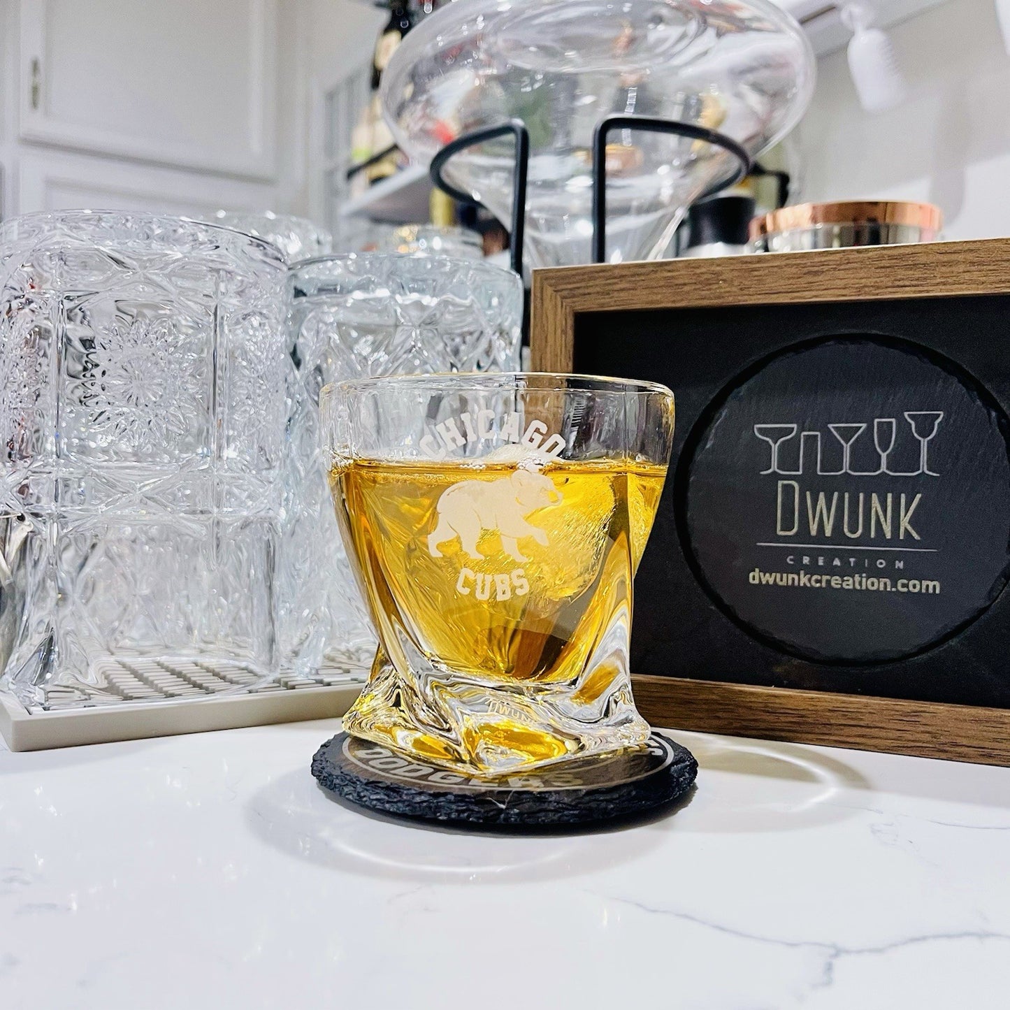 Custom Engraved Chicago Cubs Whiskey Glass – 10 oz Twisted Rocks Glass