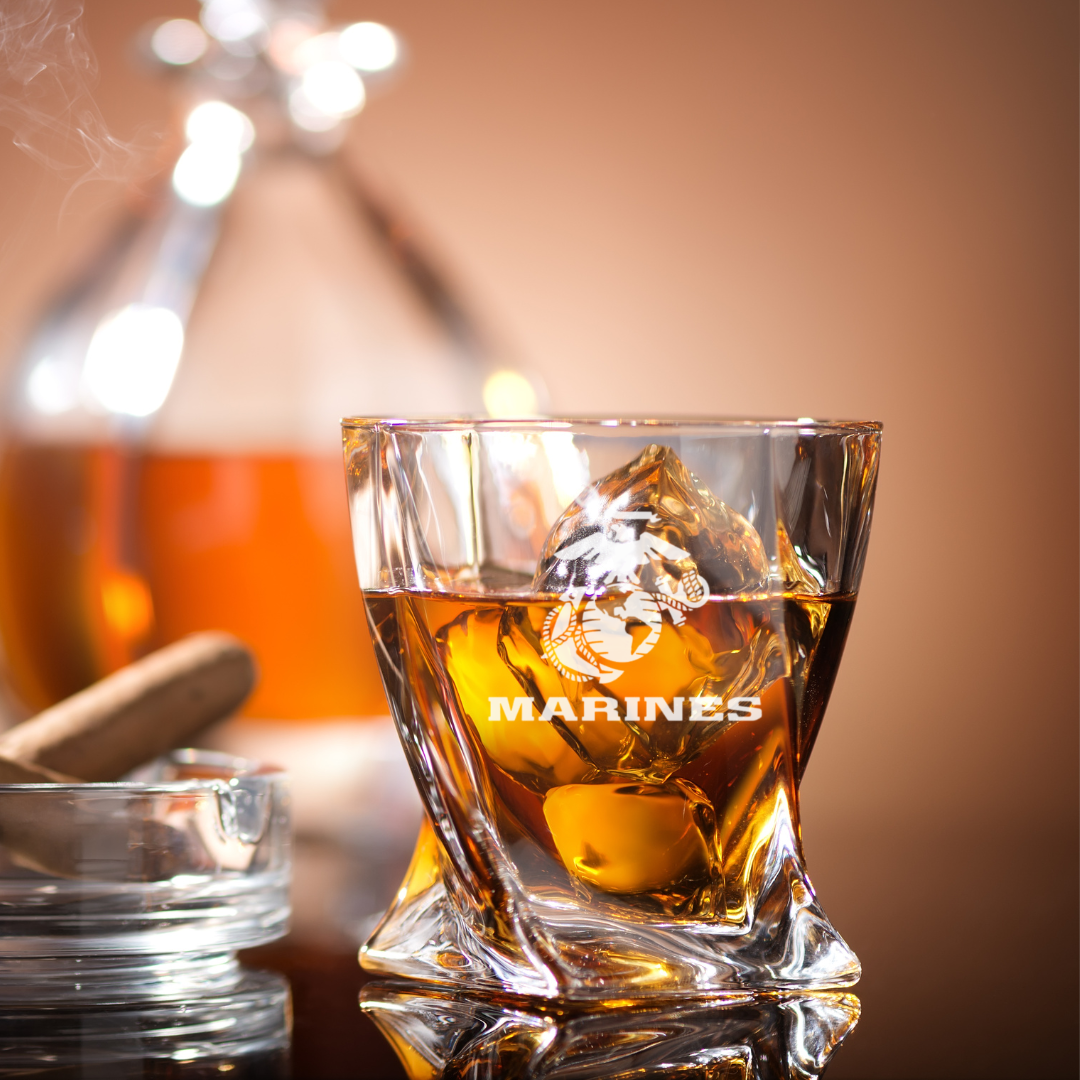 Custom Engraved US Marines Whiskey Glass – 10 oz Twisted Rocks Glass