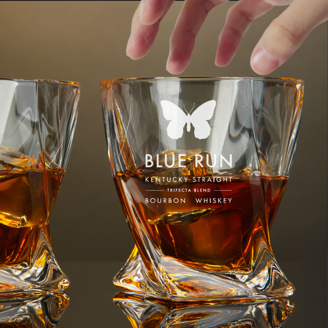Custom Engraved Blue Run Whiskey Glass – 10 oz Twisted Rocks Glass