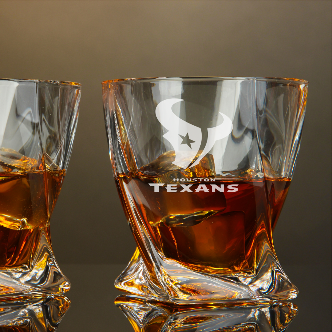 Custom Engraved Houston Texans Whiskey Glass – 10 oz Twisted Rocks Glass