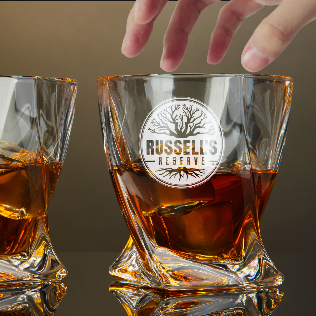 Custom Engraved Russell’s Reserve Whiskey Glass – 10 oz Twisted Rocks Glass