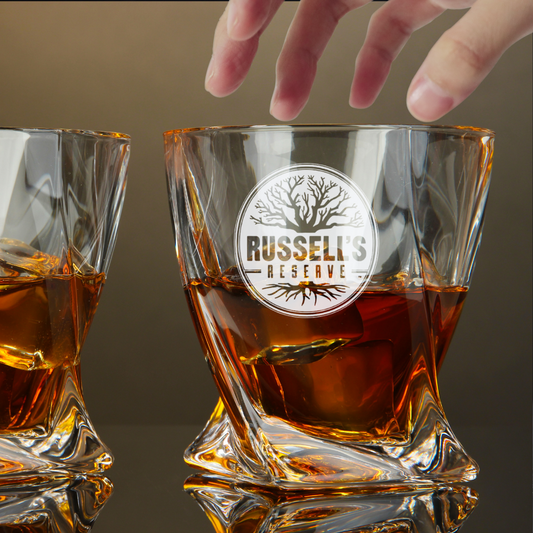 Custom Engraved Russell’s Reserve Whiskey Glass – 10 oz Twisted Rocks Glass