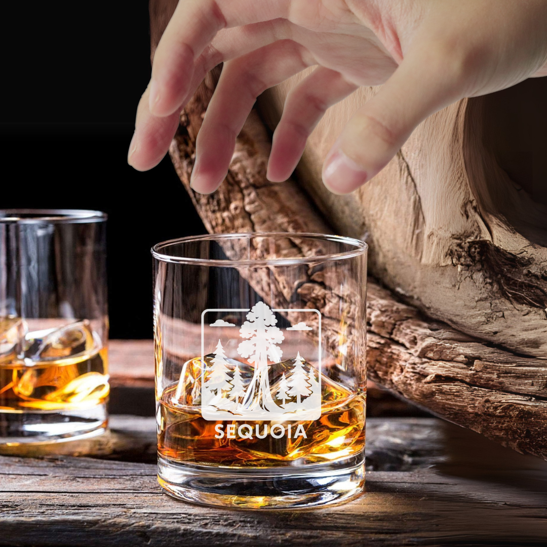 Custom Engraved Sequoia Whiskey Glass – 7 oz Small Rocks Glass