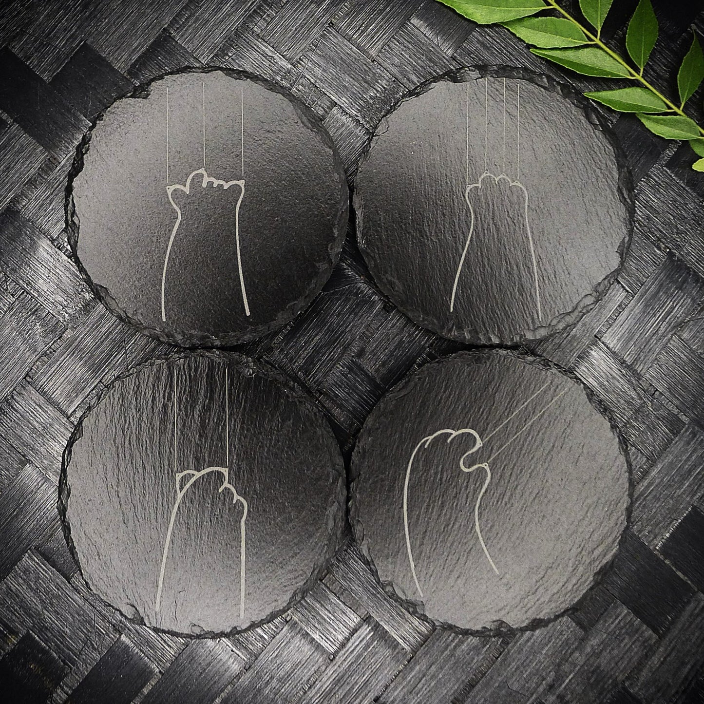Cute Cat Claw Slate Coaster Set - Cute Engraved Minimalist Cat Paw Design
