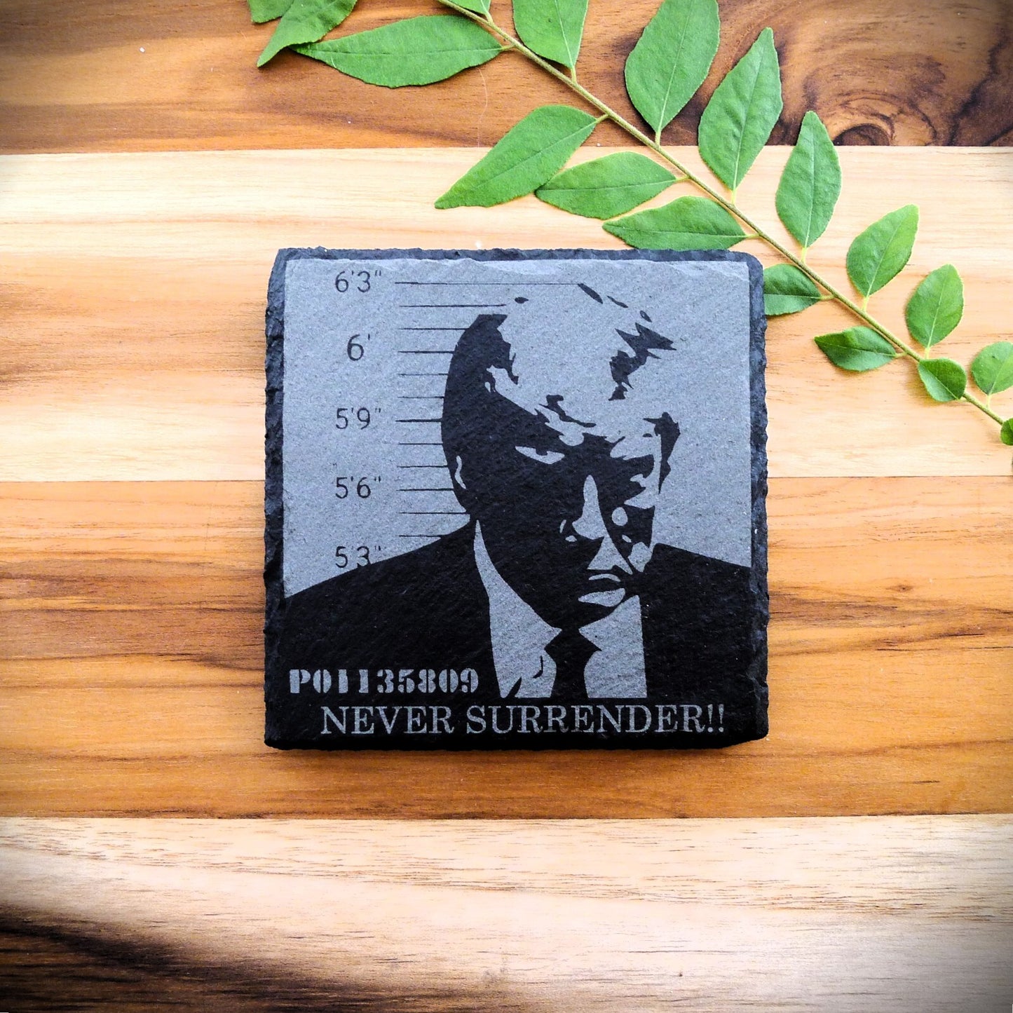 Trump NEVER SURRENDER MUG SHOT Slate Coaster Patriotic Home Decor MAGA 