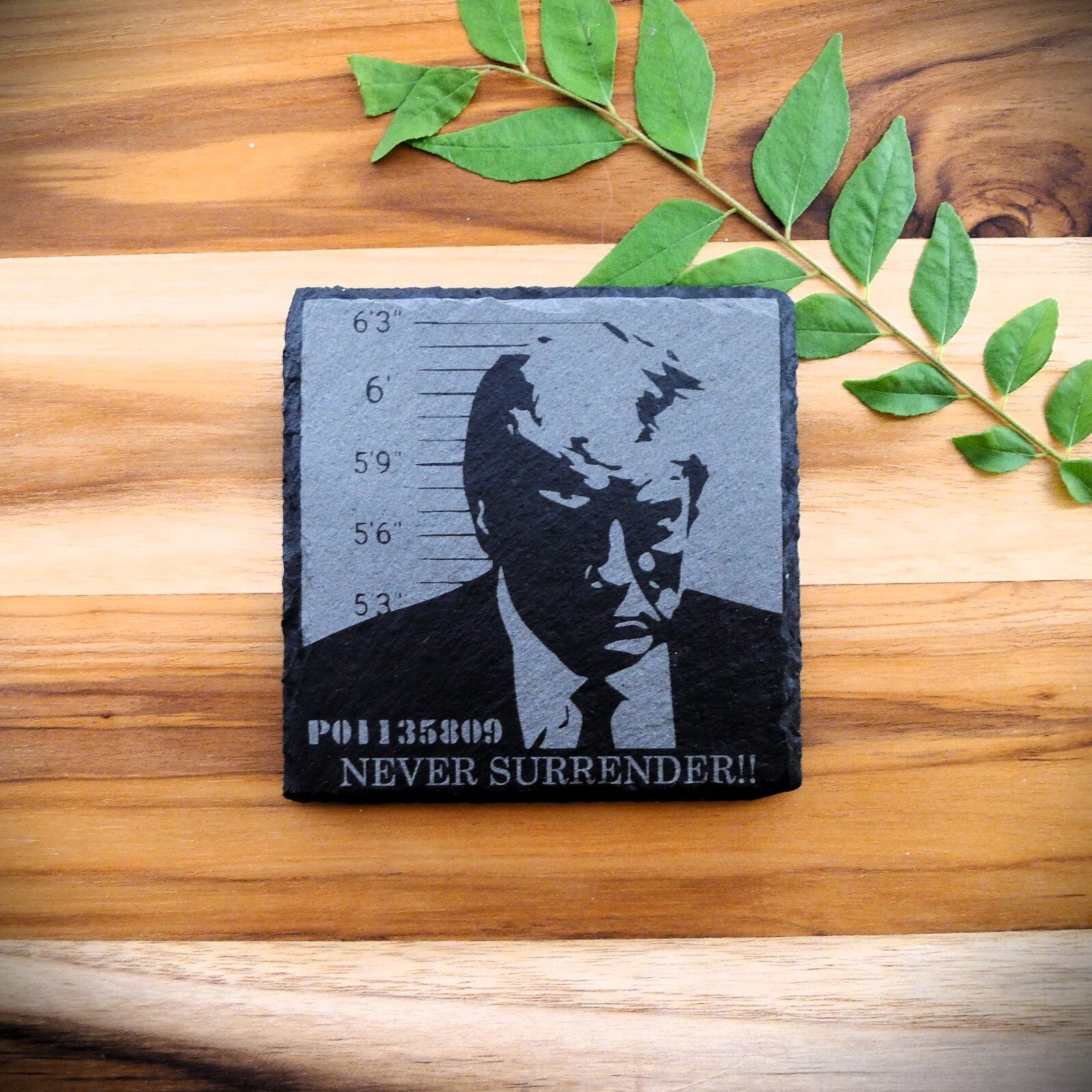 Trump NEVER SURRENDER MUG SHOT Slate Coaster Patriotic Home Decor MAGA 