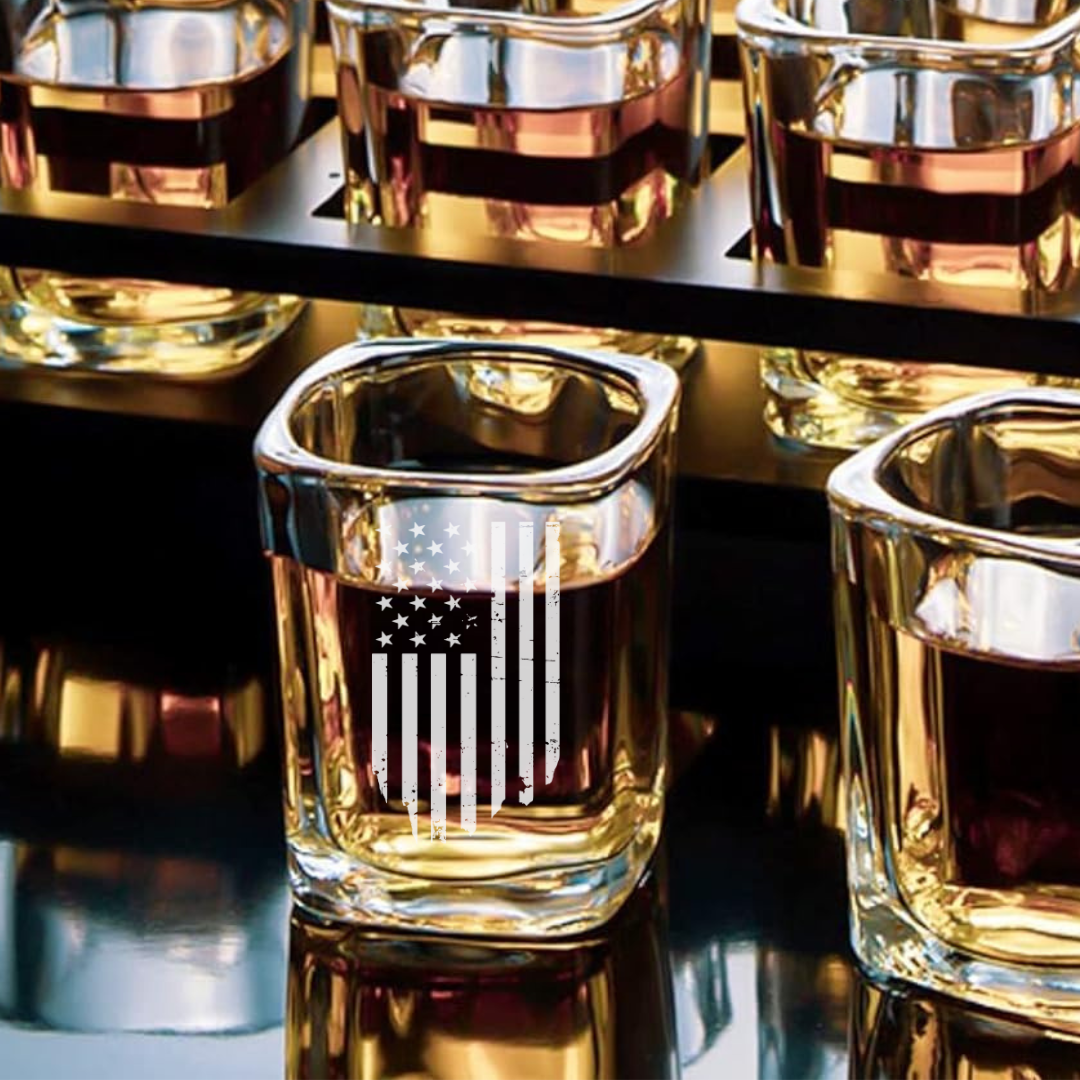 Independence Day Vertical Flag Shot Glass – 2.2 oz Engraved Square Shot Glass