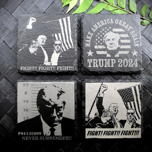Trump 2024 FIGHT Never Surrender Assassination MAGA Square Slate Coaster Set