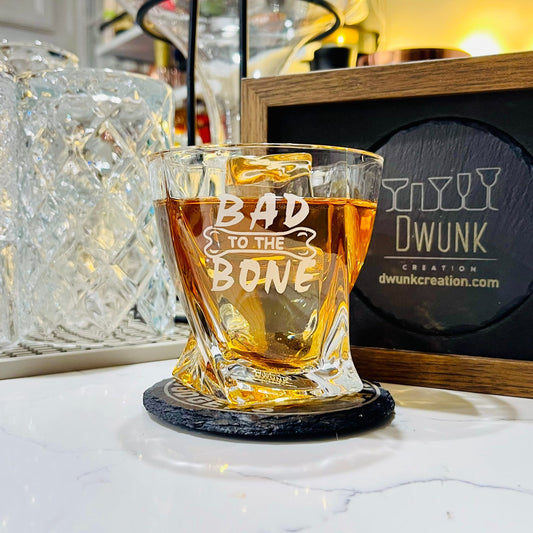Custom Engraved Bad to the Bone Whiskey Glass – 10 oz Twisted Rocks Glass