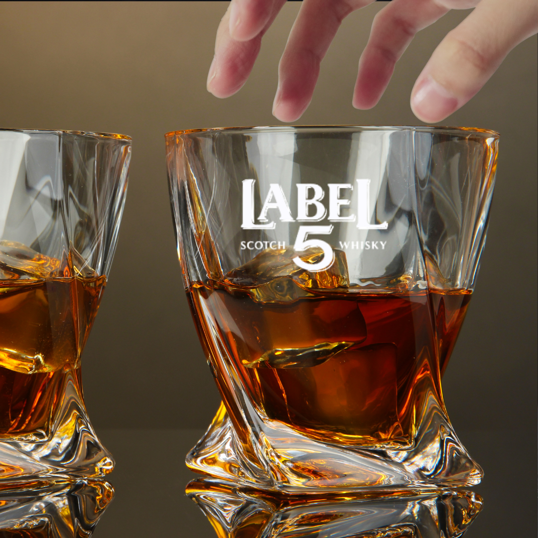Custom Engraved Label 5 Scotch Whisky Glass – 10 oz Twisted Rocks Glass