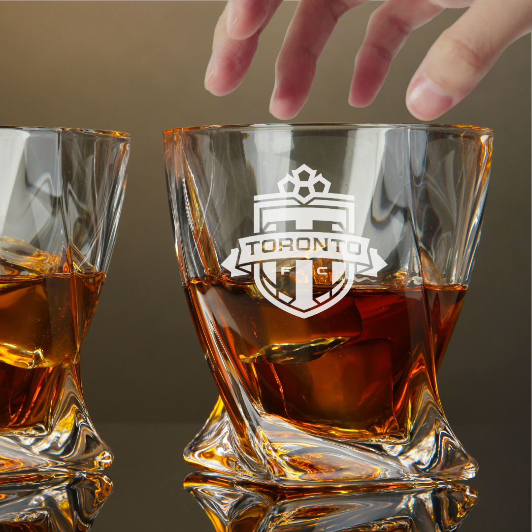 Custom Engraved Toronto FC Whiskey Glass – 10 oz Twisted Rocks Glass