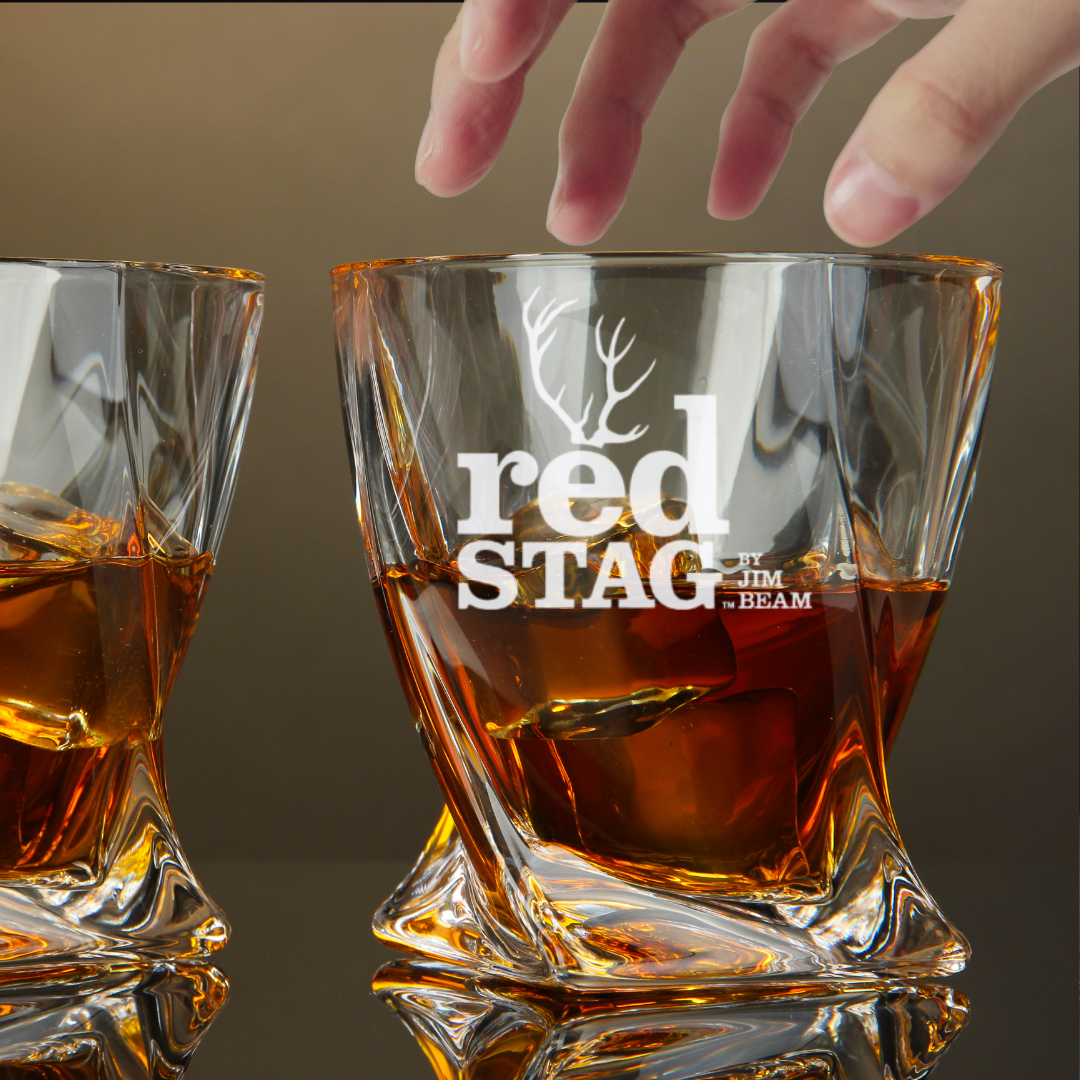 Custom Engraved Red Stag by Jim Beam Whiskey Glass – 10 oz Twisted Rocks Glass