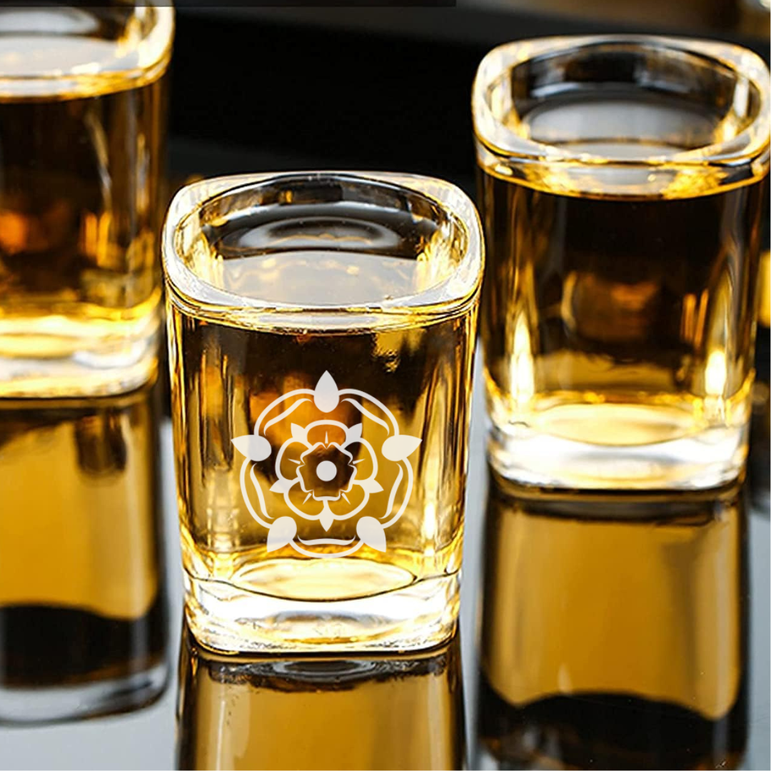 Custom Engraved Tudor Rose Shot Glass – 2.2 oz Heavy Base Shot Glass
