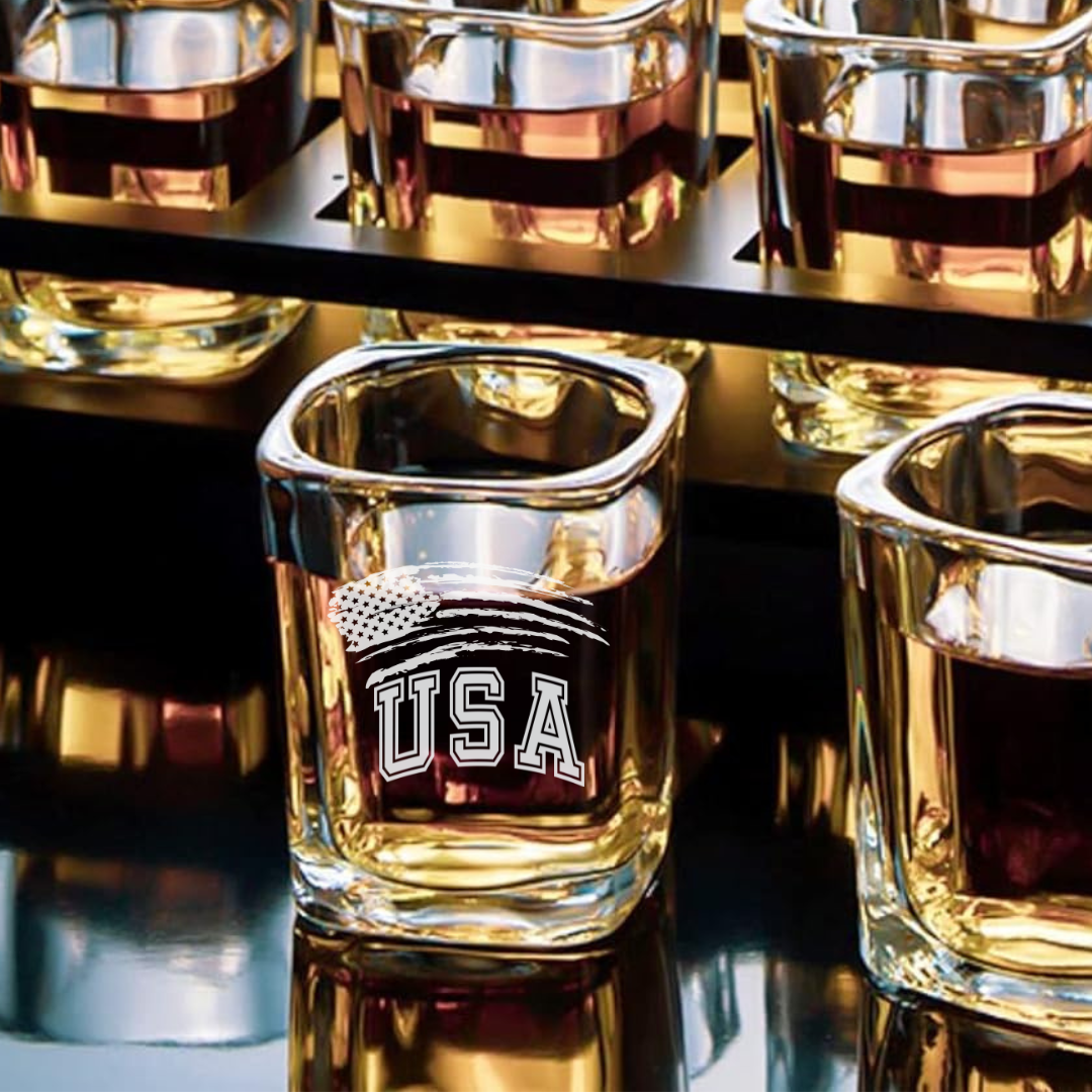 Independence Day  USA Flag Shot Glass – 2.2 oz Engraved Square Shot Glass