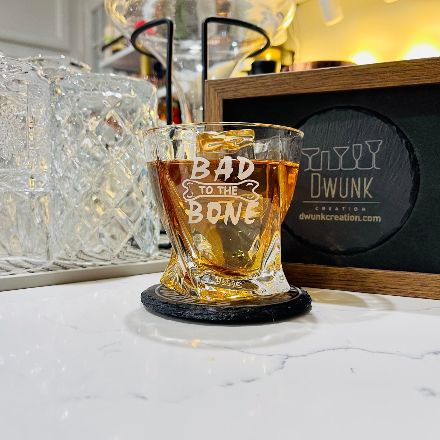Custom Engraved Bad to the Bone Whiskey Glass – 10 oz Twisted Rocks Glass