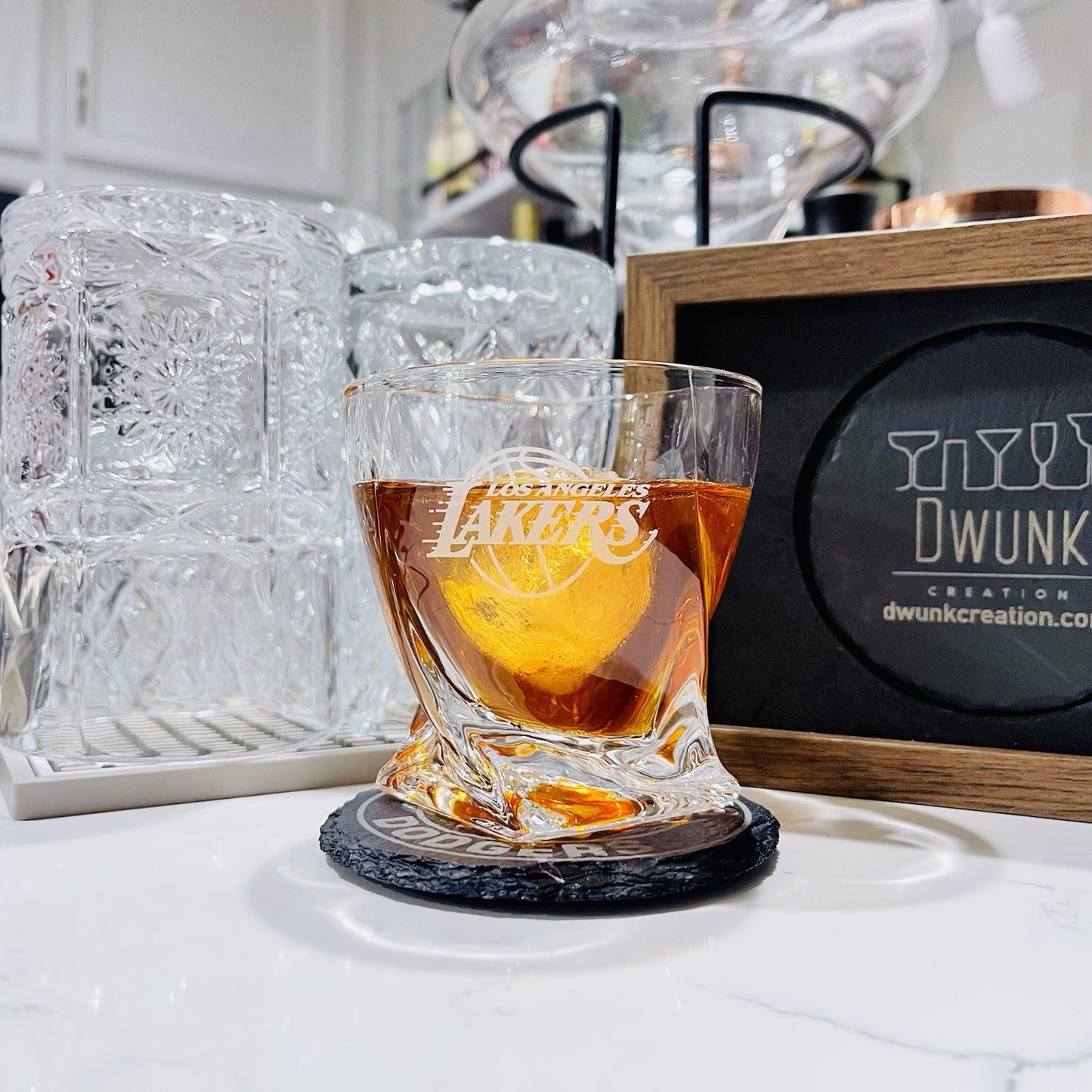 Custom Engraved Los Angeles Lakers Whiskey Glass – 10 oz Twisted Rocks Glass