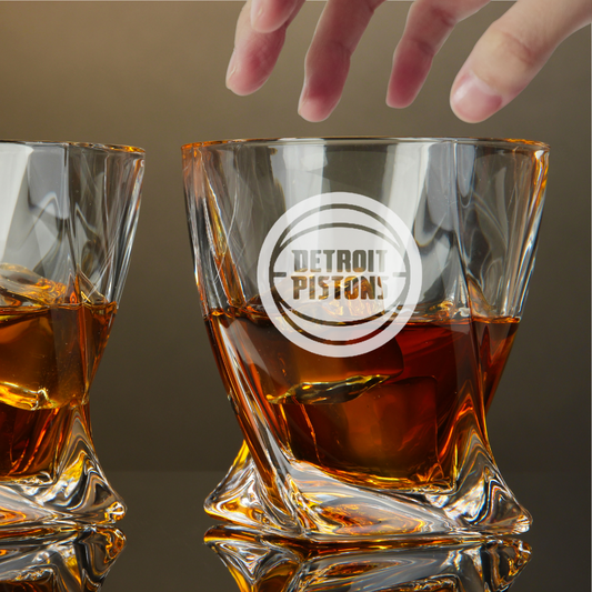 Custom Engraved Detroit Pistons Whiskey Glass – 10 oz Twisted Rocks Glass