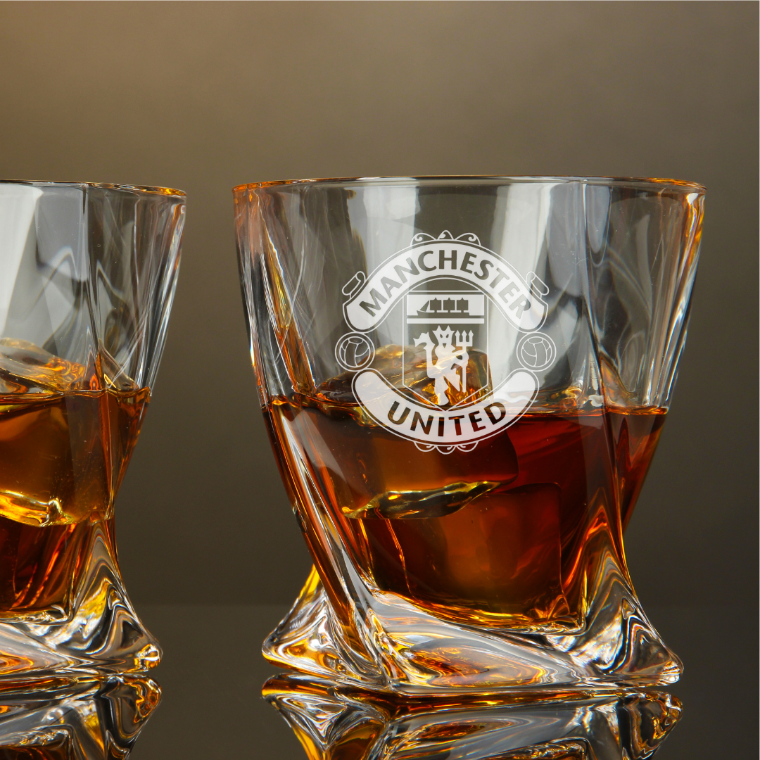 Custom Engraved Manchester United F.C. Whiskey Glass – 10 oz Twisted Rocks Glass