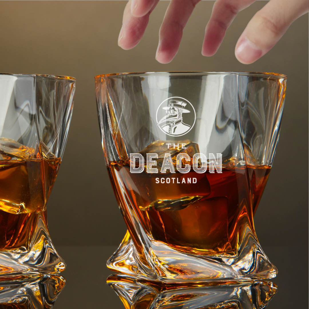 Custom Engraved The Deacon Scotland Whiskey Glass – 10 oz Twisted Rocks Glass