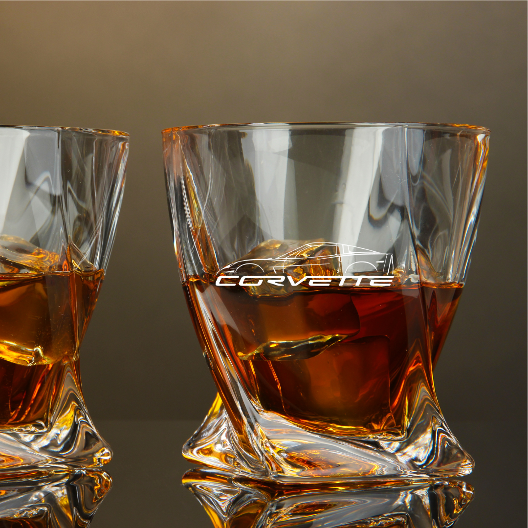 Custom Engraved Corvette Whiskey Glass – 10 oz Twisted Rocks Glass