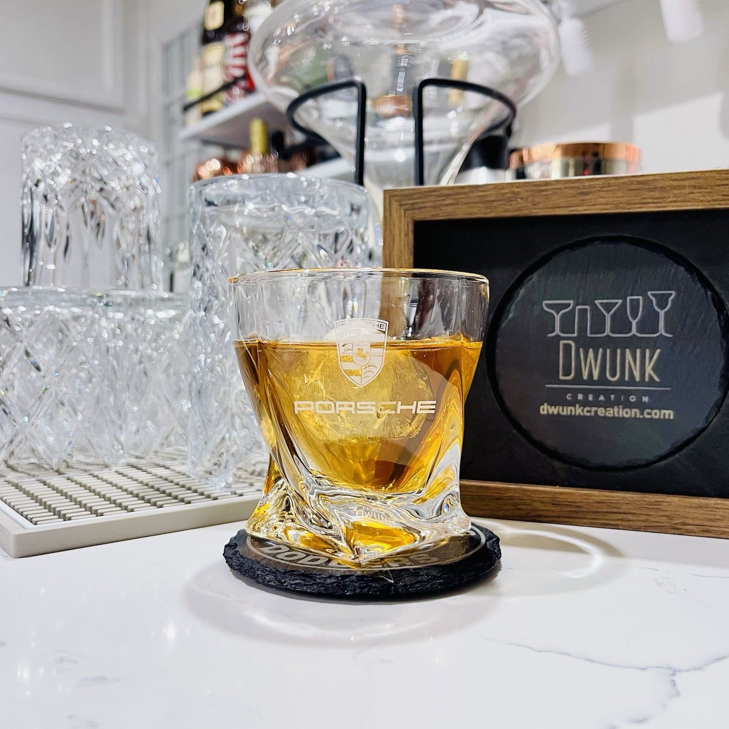 Custom Engraved Porsche Whiskey Glass – 10 oz Twisted Rocks Glass