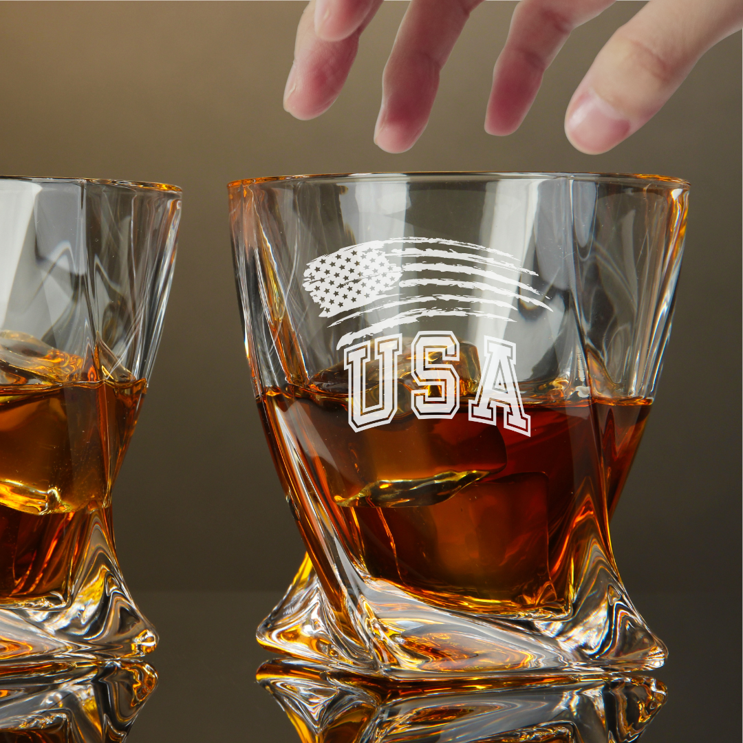 Independence Day USA Flag Whiskey Glass – 10 oz Engraved Twisted Rock Glass
